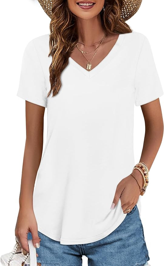Elesomo Womens T Shirts V Neck Summer Short/Long Sleeve Cotton Tops Tees | Amazon (US)