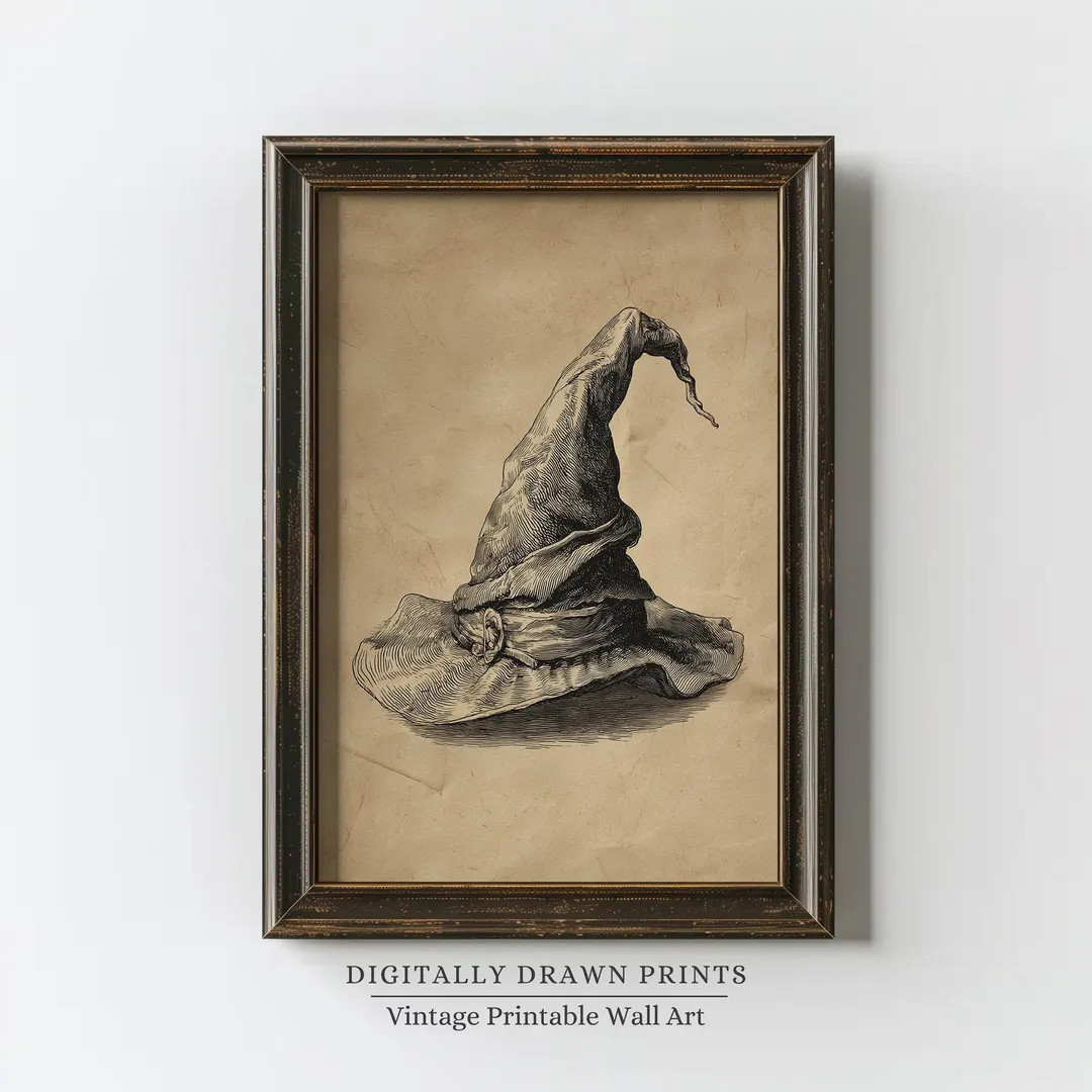Vintage Witch Hat Drawing Printable, Rustic Halloween Wall Art, Gothic Witchcraft Illustration, D... | Etsy (US)