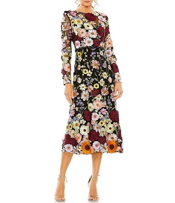 Floral Embroidered Boat Neckline Long Sleeve Midi Dress | Dillard's