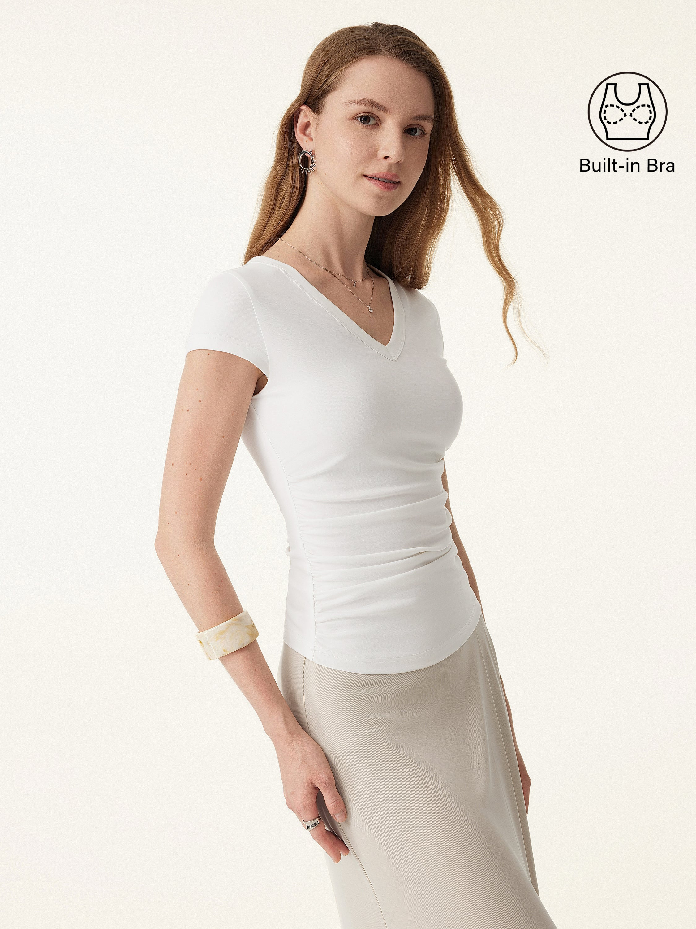 Elevated V-neck Side Ruched Cap Sleeve Bra Tee | OGLmove