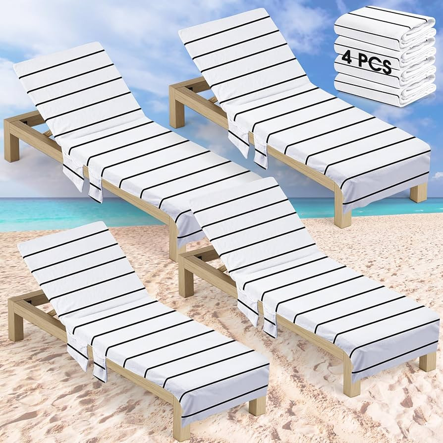 4 Pack Pool Chair Covers Towel Chaise Lounge Cushion Cover with Top and Side Pockets Cotton Overs... | Amazon (US)