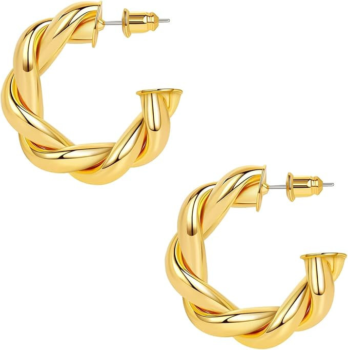 Reoxvo Gold Twisted Hoop Earrings for Women,18K Gold Plated Hollow Chunky Hoop Earrings for Women... | Amazon (US)