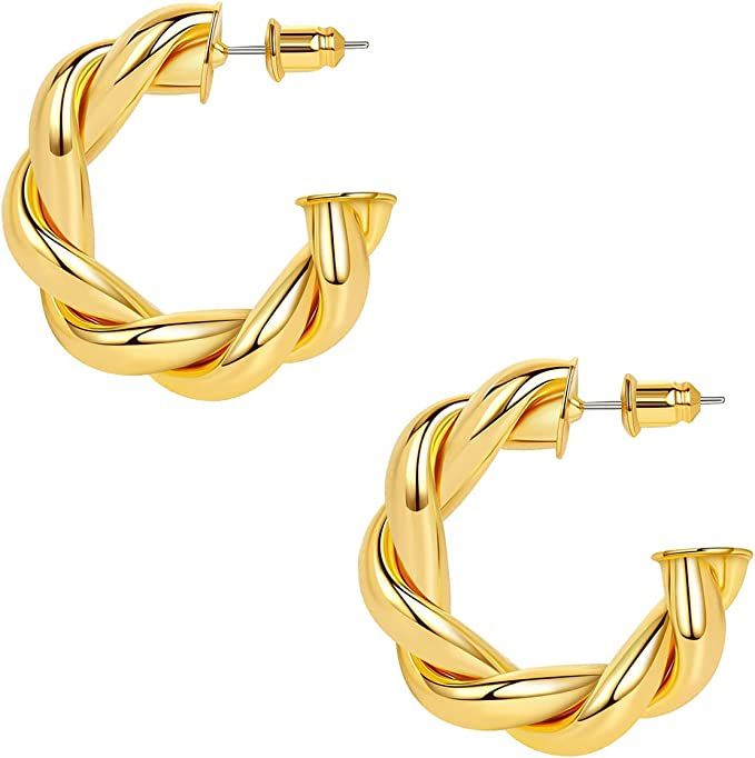 Reoxvo Gold Twisted Rope Hoop Earrings for Women,14K Gold Plated Thick Chunky Braided Gold Hoop E... | Amazon (US)