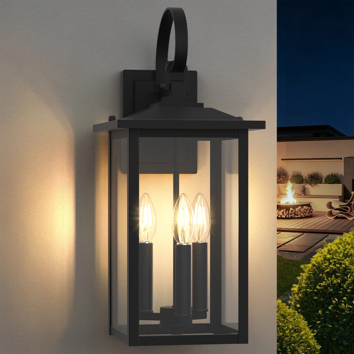 Dallas 3 - Light 20''H Black Iron Tempered Glass ETL Outdoor Wall Lantern with Dusk to Dawn | Wayfair North America