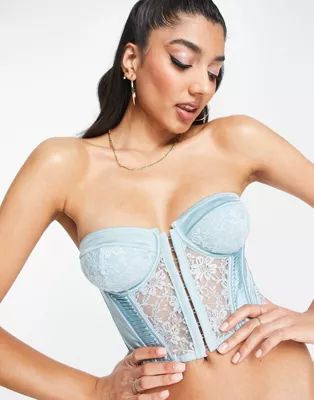 ASOS DESIGN Lena satin and lace corset with lace up and pleat detail in blue | ASOS (Global)