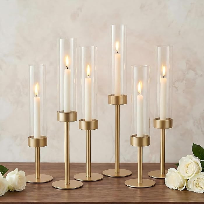 Hurricane Candle Holders Set of 6, Matte Gold Metal Taper Candlestick Holders with Clear Glass Ch... | Amazon (US)