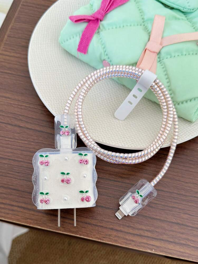 5pcs Pink Crystal Cherry & Faux Pearl Design Charging Set (20W/18W), Includes Charging Cable Prot... | SHEIN