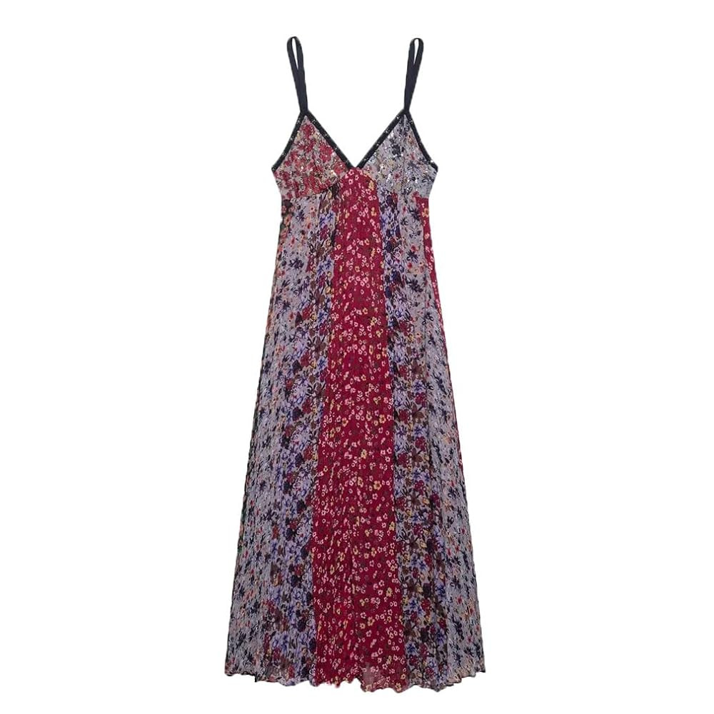 Women Beads Sequins Printed Long Dress Spaghetti Straps V-Neck Backless Casual Midi Dresses | Amazon (US)