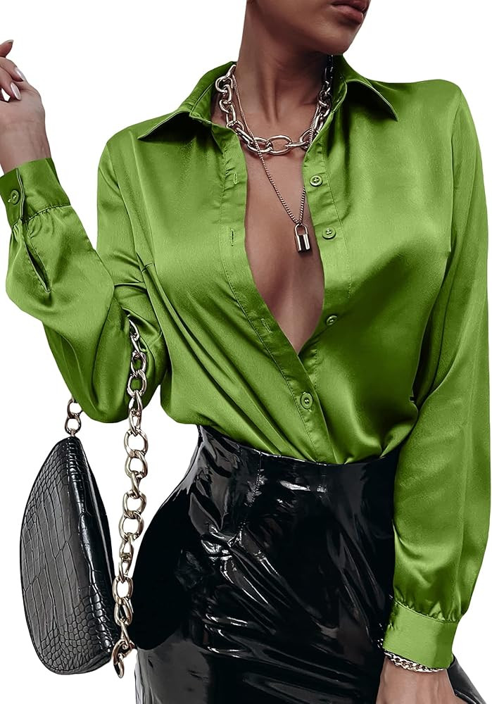 MakeMeChic Women's Satin Silk Long Sleeve Blouse Button Down Shirt Casual Top | Amazon (US)
