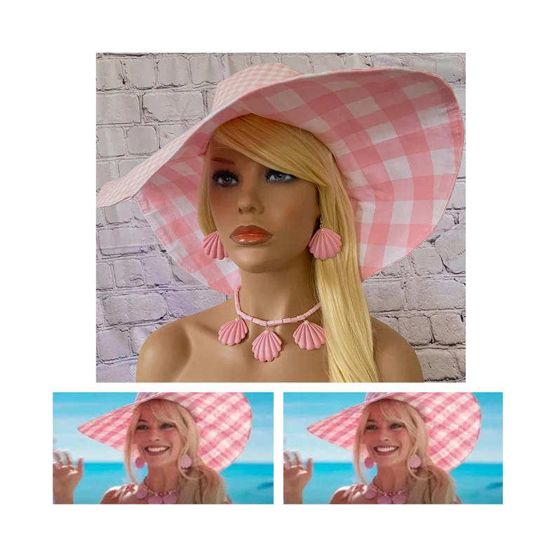 Pink Gingham Beach Hat, Pink Shell Necklace and Earrings | Etsy (US)