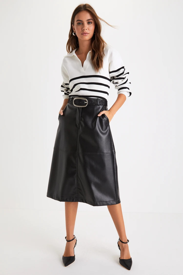 Edgy Charm Black Vegan Leather High-Waisted Midi Skirt | Lulus (US)