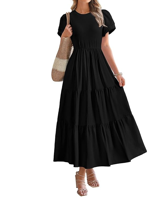 BTFBM Women Casual Summer Dresses 2025 Spring Crewneck Short Sleeve Tiered Flowy Boho Maxi Beach ... | Amazon (US)