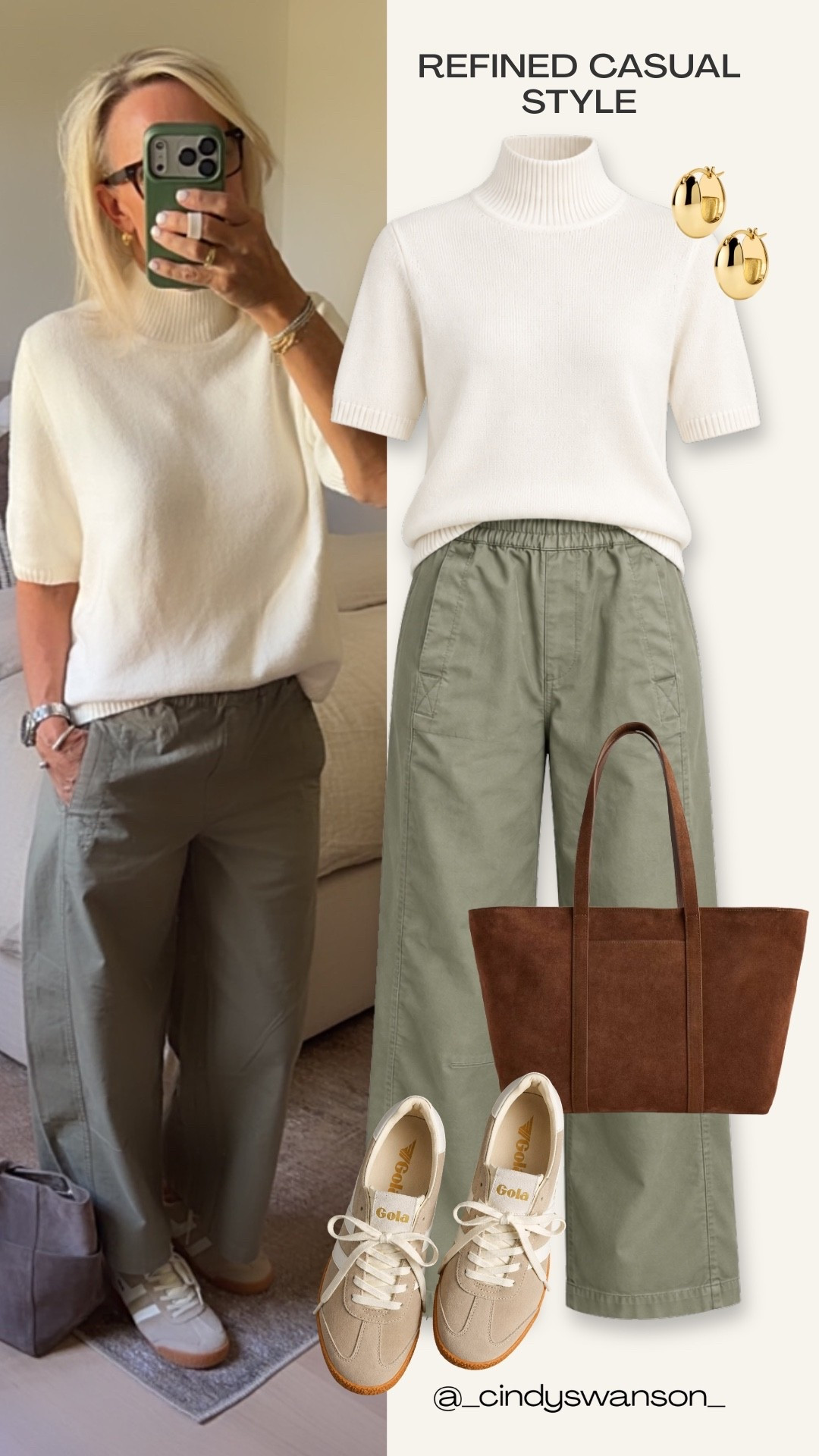 This ivory short-sleeve sweater and relaxed olive pants are such an easy combination for polished everyday style. I love the soft neutral palette with sneakers and a brown leather tote—it feels comfortable, put-together, and easy to wear for errands, travel, or a casual day out. 

The bag I have in the photo is limited in stock, so I added a similar option to the collage.

#LTKootd #LTKOver40 #LTKgrwm