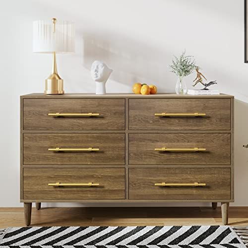 Merax Mid-Century Modern 6 Drawers Dresser with Golden Handles, Bedroom Storage Chest, Natural Wa... | Amazon (US)