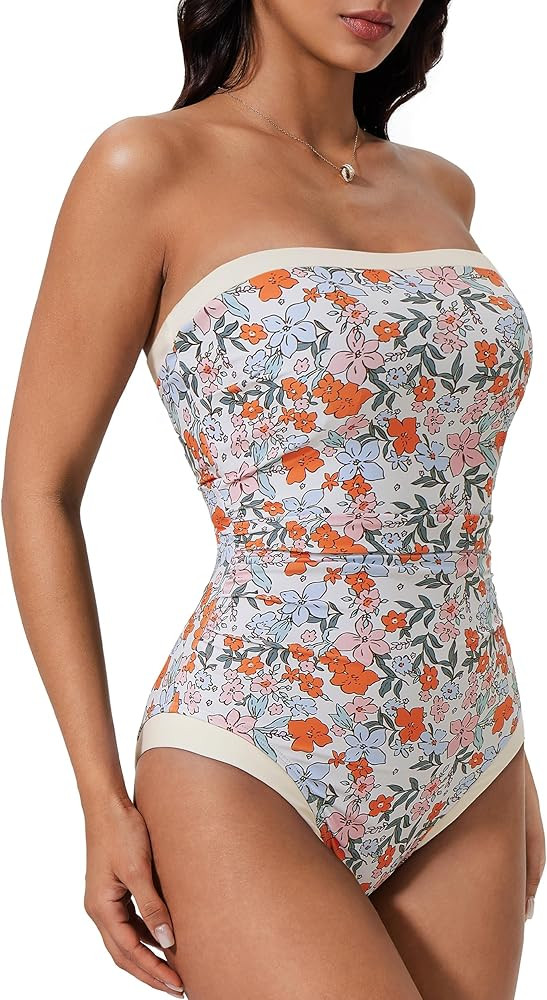 SUUKSESS Women One Piece Tummy Control Swimsuit Strapless Bandeau Bathing Suit | Amazon (US)