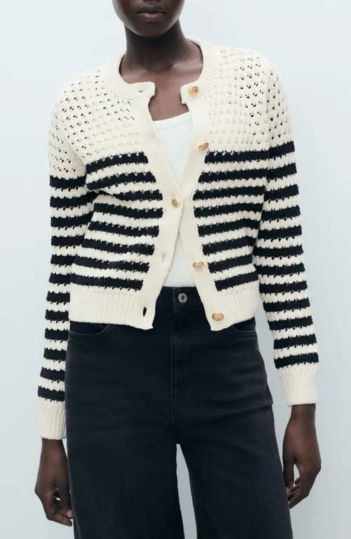 MANGO Stripe Openwork Cardigan in Navy at Nordstrom, Size Medium | Nordstrom