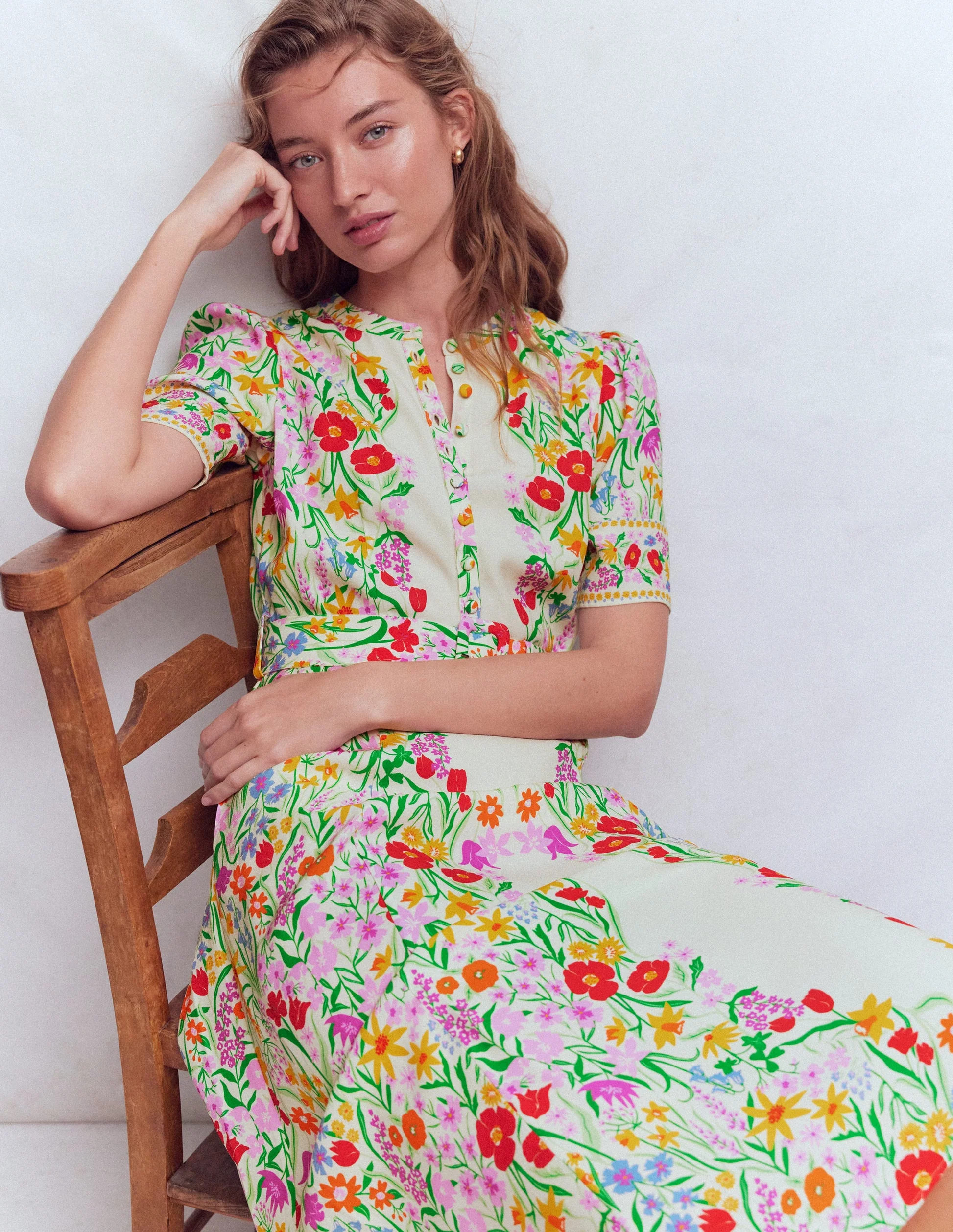 Kate Puff Sleeve Belted Dress-Ivory Garden Placement | Boden (US)