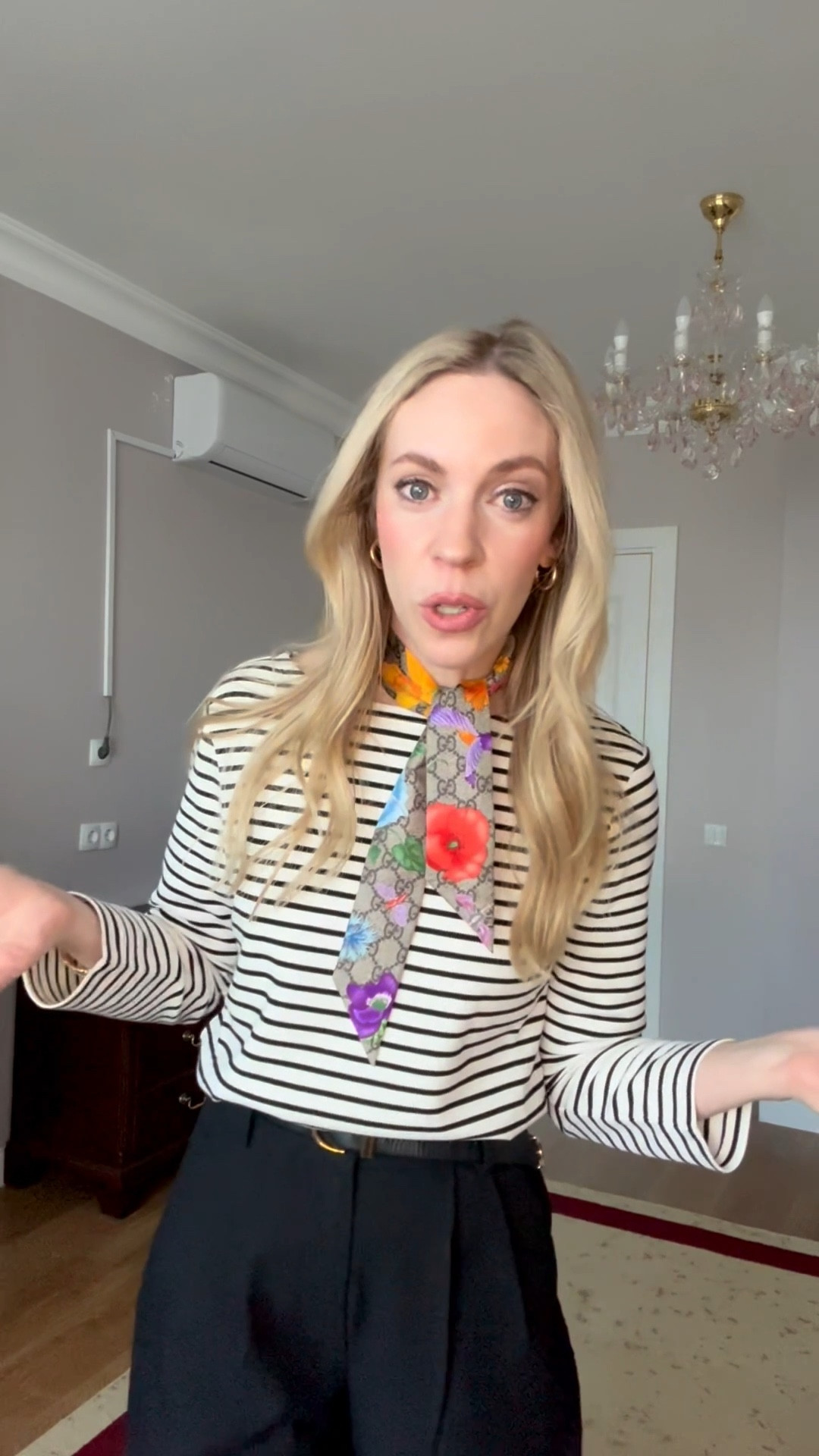 Business casual workwear, spring workwear, Gucci floral print silk scarf, striped top, @abercrombie trousers 

#LTKgrwm #LTKWorkwear #LTKOver40