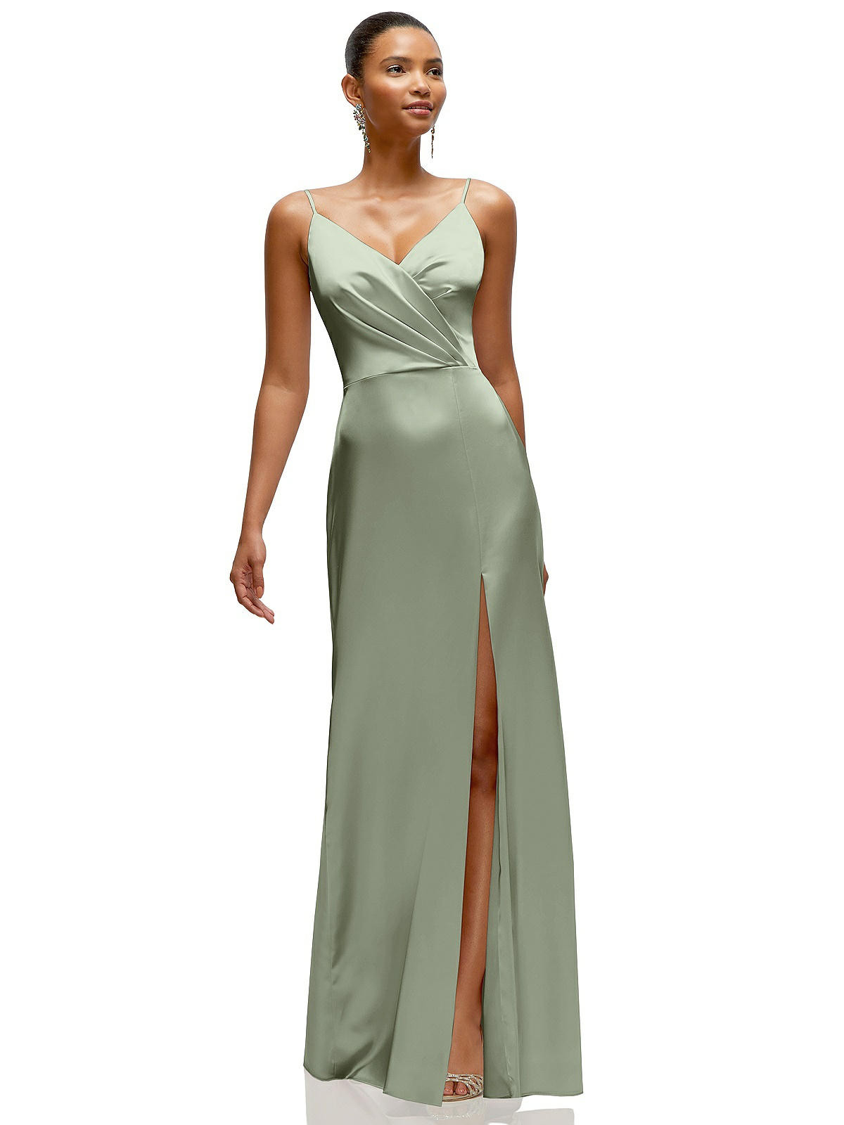 Pleated Faux Wrap Satin Maxi Dress with Adjustable Spaghetti Straps in Sage | The Dessy Group