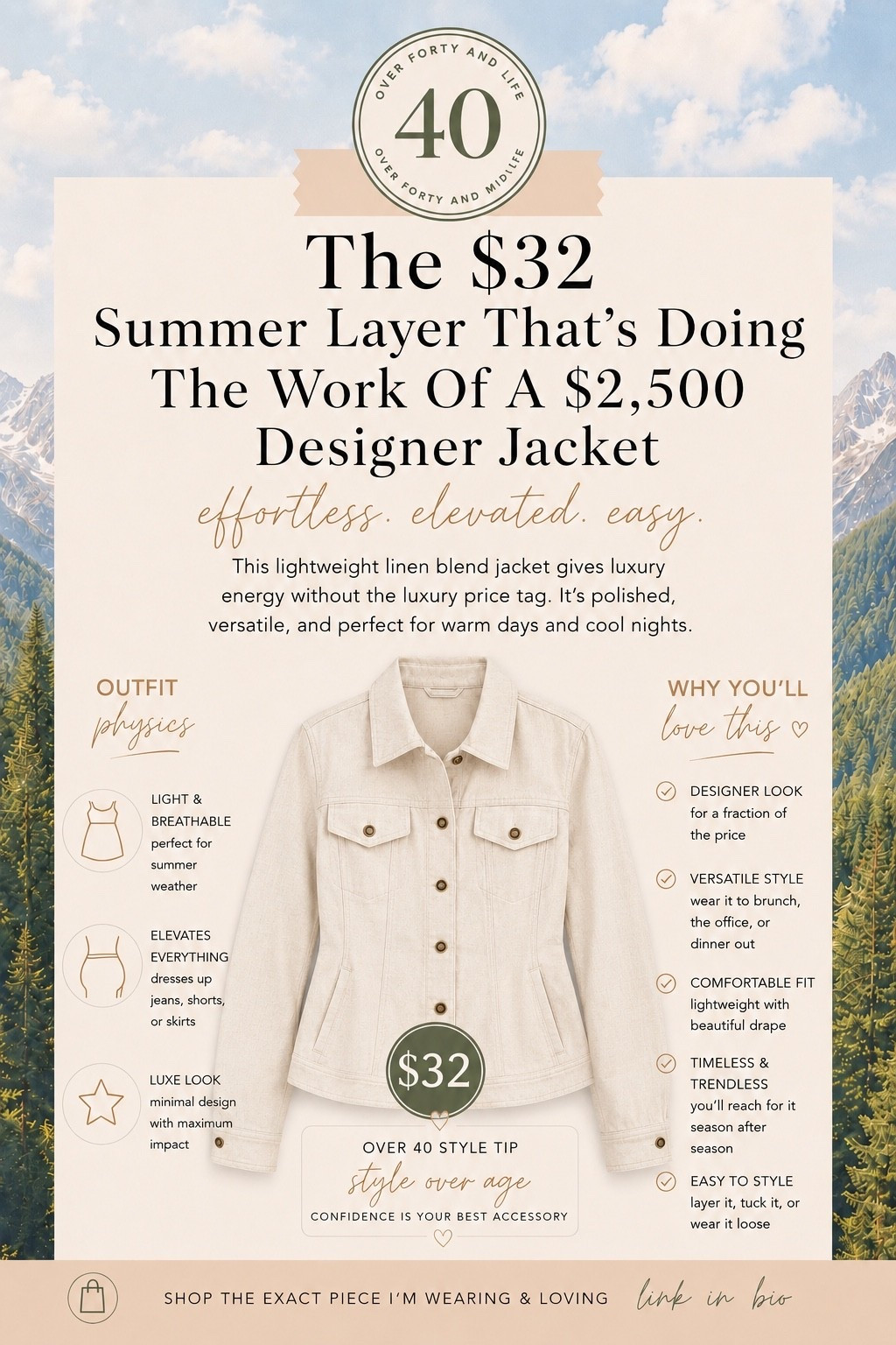 ✨Tap the bell, save and ❤️ for over 40 fashion, midlife style, midsize fashion and luxury looks for less. 

⬇️Sizing information: I have medium (size down if in between sizes.) 

This is the jacket that quietly makes everything else in your closet look more expensive.

If you’ve been searching for that one lightweight layer you’ll actually wear… this is it.

It has the polished look of a structured jacket without feeling stiff or bulky. The linen blend keeps it breathable, the tailored waist creates shape, and it instantly elevates jeans, dresses, linen pants, shorts, and even a simple tee.

This is the kind of piece you’ll reach for all spring, summer, and early fall because it solves the “my outfit needs something” problem in seconds.

✨ Outfit Physics™:
• Defines your waist without feeling tight.
• Adds structure without adding bulk.
• Layers beautifully over dresses and tanks.
• Creates an effortlessly polished silhouette.

I have a feeling this one won’t stay in stock for long.

🤍 Comment JACKET and I’ll send you the link.

👑 Helping you look good, feel good.
Check back daily for belly-friendly style, confidence, and Outfit Physics™.

#linenjacket #linenstyle #summerlayers #wardrobeessentials #capsulewardrobe #over40style #midsizestyle #styleover40 #classicstyle #effortlessstyle #travelstyle #wearmorebuymorewisely #timelessfashion #outfitphysics #shopmylook

#LTKOver40 #LTKMidsize #LTKSaleAlert

Comment SHOP below to receive a DM with the link to this post on my LTK ⬇ https://liketk.it/6hRjw