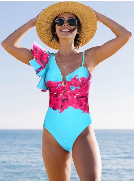 Colorful ruffle shoulder one piece swimsuit 

#LTKFindsUnder50 #LTKOver40 #LTKSwim
