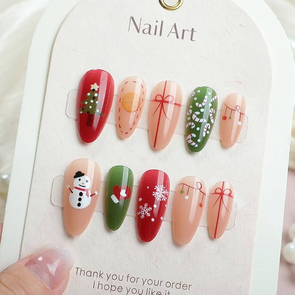 Christmas Press on Nails Almond Fake Nails Medium Acrylic Nails Christmas Tree Snowflake False Na... | Amazon (US)