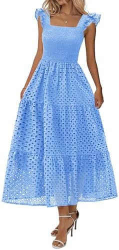 Lazysmile Womens Summer Maxi Dress Square Neck Ruffle Cap Sleeve Hollow Out Eyelet Smocked Tiered... | Amazon (US)