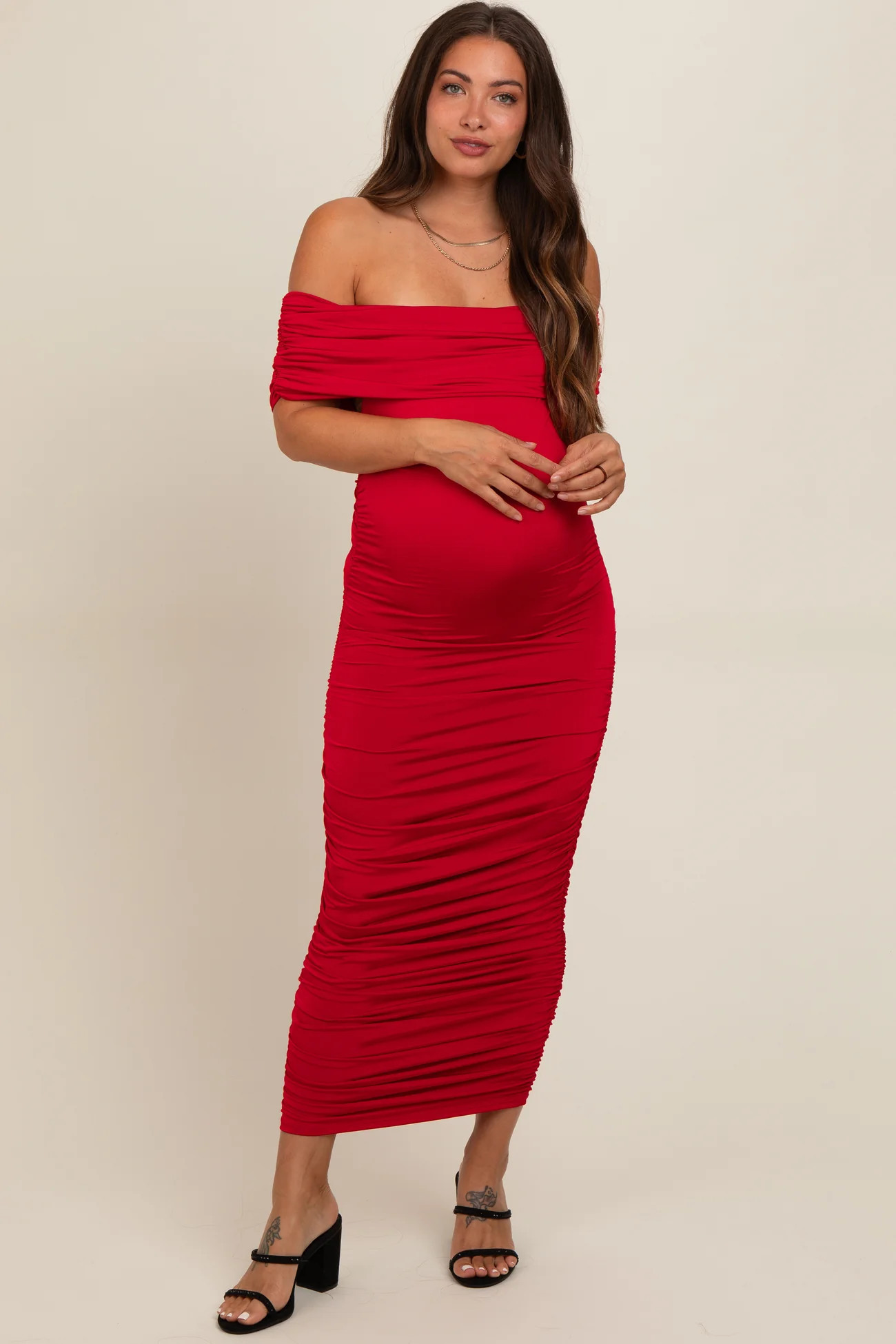Red Off Shoulder Ruched Maternity Midi Dress | PinkBlush Maternity
