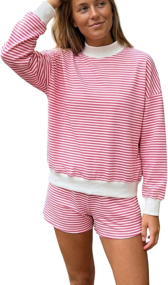 Mxiqqpltky Striped Sweat Sets for Women 2 Piece Shorts Outfits Y2k Long Sleeve High Neck Pullover... | Amazon (US)