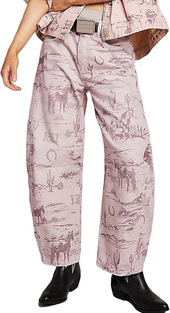 loveimgs Women Boyfriend Baggy Barrel Jeans Floral Print Denim Ankle Pants Wide Leg Mid Rise Jean... | Amazon (US)