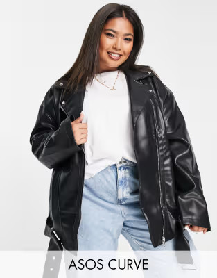 ASOS DESIGN Curve longline oversized faux leather moto jacket in black | ASOS (Global)