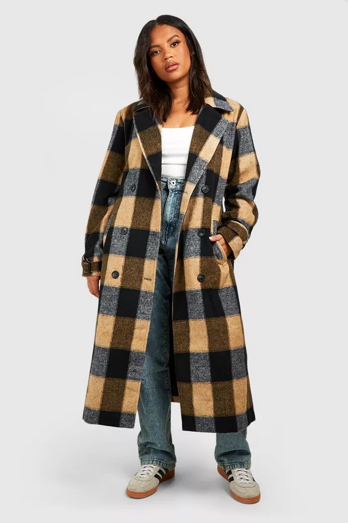 Plus Brushed Check Belted Wool Look Coat | boohoo (US & Canada)