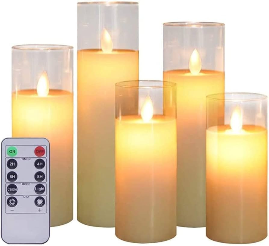 AKU TONPA Set of 5 Flameless Candles Battery Operated Flickering Pillar LED Glass Candle Set with... | Amazon (US)