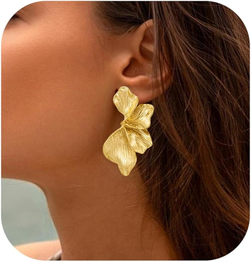 Big Gold Flower Statement Earrings for Women Trendy, Chunky Unique Leaf Floral Drop Earrings, Lar... | Amazon (US)