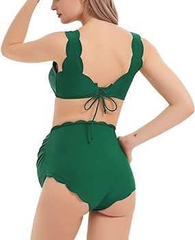 GINKANA Maternity Bikini Set Two Piece Scalloped Bathing Suits Back Lace-up Maternity Swimsuits H... | Amazon (US)