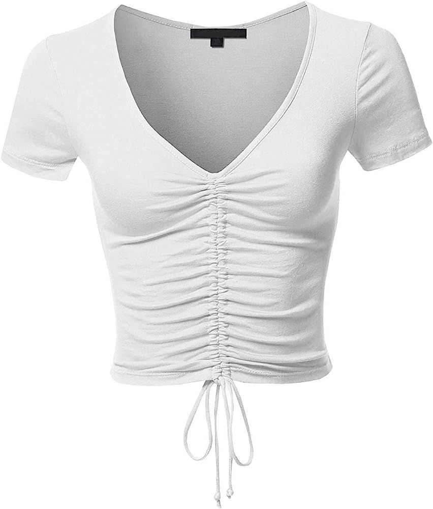 Womens Casual Sexy Ruched Self Tie Front Slim Fit Short Sleeve V Neck Drawstring Crop Top | Amazon (US)