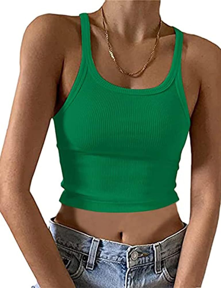 Meladyan Women Solid Ribbed Knit Crop Cami Tank Sexy Scoop Neck Racerback Sleeveless Cropped Top ... | Amazon (US)