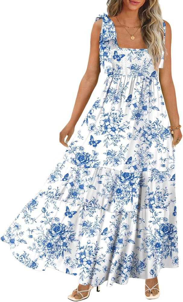 Women's Summer Maxi Dress Boho Spaghetti Straps Casual Long A-line Smocked Beach Dress Square Nec... | Amazon (US)