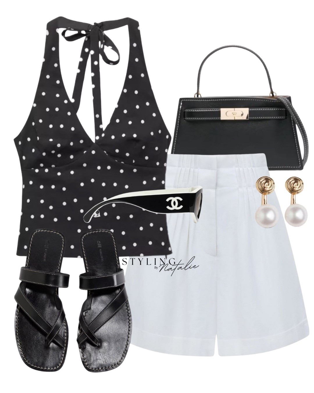 Polka dot halter top, white linen shorts, Tory Burch bag, black thong sandals, Chanel sunglasses & pearl earrings. Trendy outfits, summer outfit, casual chic, polka dot print, monochrome, vintage style. 

#LTKsummer #LTKeurope #LTKstyletip