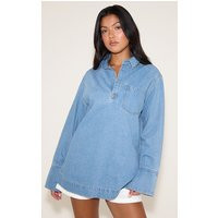Mid Blue Oversized Denim Rugby Style Shirt, Mid Blue Wash | PrettyLittleThing US