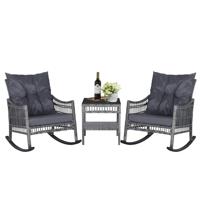 VEIKOUS Outdoor Rocking Chair Wicker Bistro Set w/Cushions & Table, Cushioned Set of 3, Gray | Walmart (US)