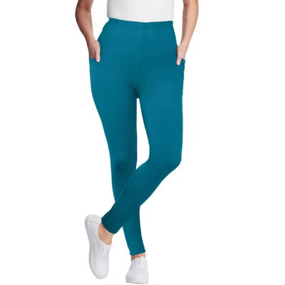 Woman Within Stretch-Cotton Knit Pull-On Pocket Leggings - 4X, Deep Teal | Target
