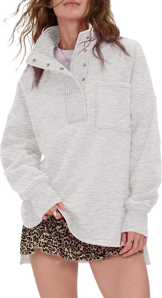 Locachy Womens Oversized Sweatshirt Snap Button Henley Neck Fashion Outfits | Amazon (US)