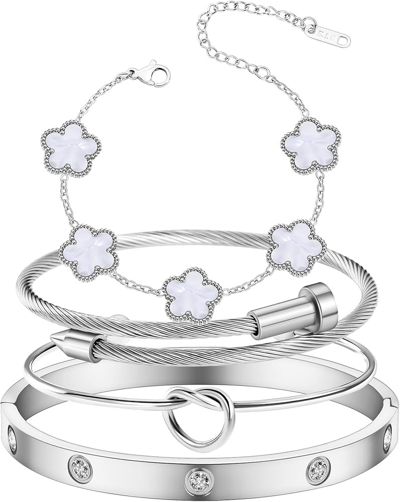 Womens 4Pcs Stackable Floral Gold Bracelets Stainless Steel Bangle Bracelets Non Tarnish Silver S... | Amazon (US)