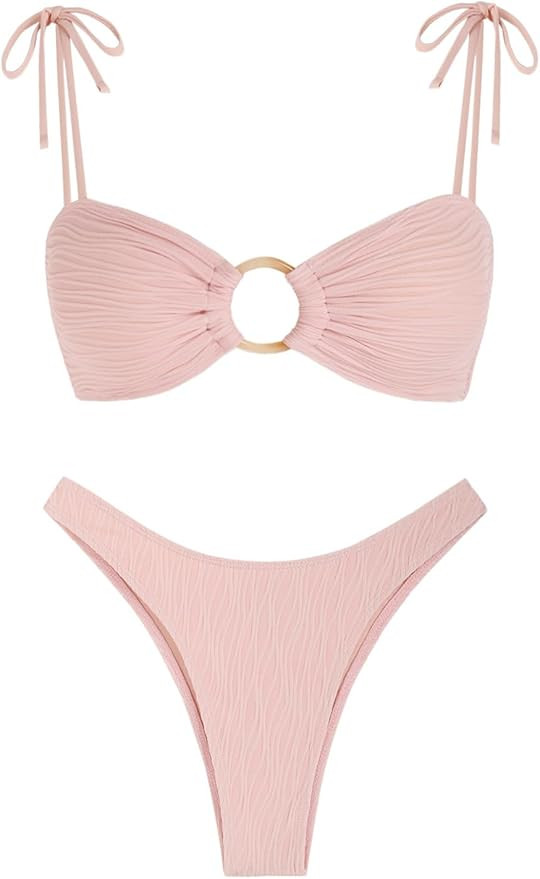 ZAFUL Women's Sexy Tie Spaghetti Strap Bikini Textured O Ring Ruched High Leg Swimsuit Cheeky Bat... | Amazon (US)