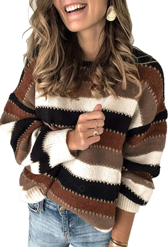 Women's Sweaters Casual Long Sleeve Crewneck Color Block Patchwork Pullover Knit Sweater Tops | Amazon (US)