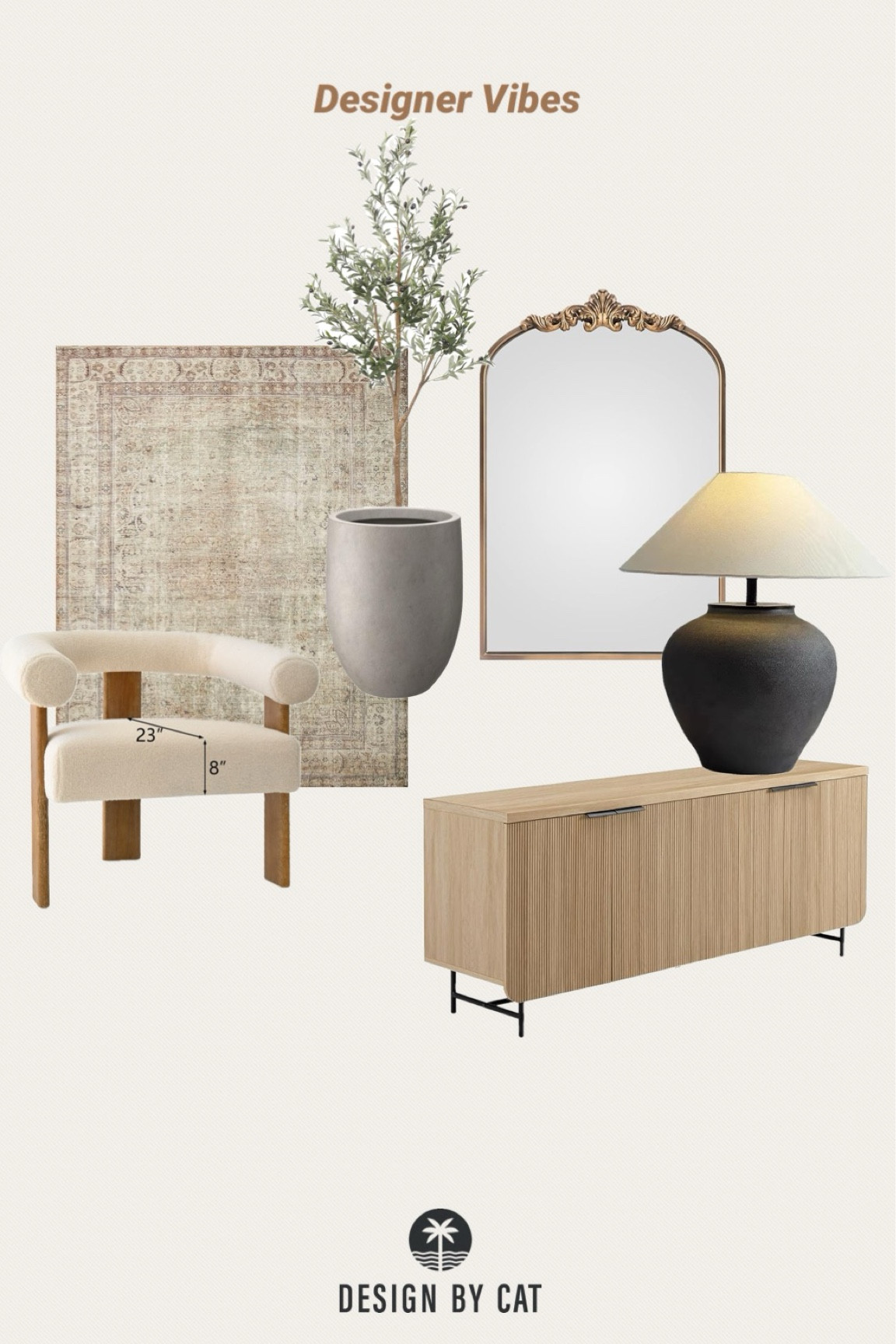 Designer vibes living room furniture
Large black table lamp
Gold antique style mirror
Fluted light sideboard
Olive tree
Concrete style grey planter
Cream wishbone upholstered accent chair
Loloi rug
Affordable designer look for less finds

#LTKhome