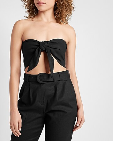Linen-blend Tie Front Bandeau Top | Express