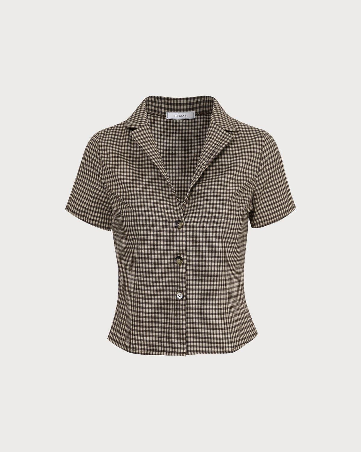 The Brown Lapel Plaid Short Sleeve Blouse & Reviews - Brown - Tops | RIHOAS | rihoas.com