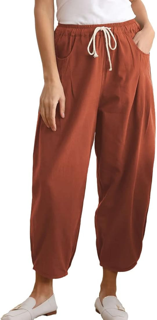 Minibee Womens Casual Pants Wide Leg Baggy Tapered Capri Drawstring Elastic Waist Ankle Trousers wit | Amazon (US)
